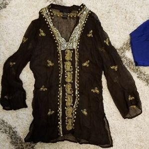 Brown tunic with yellow and gold threading detail